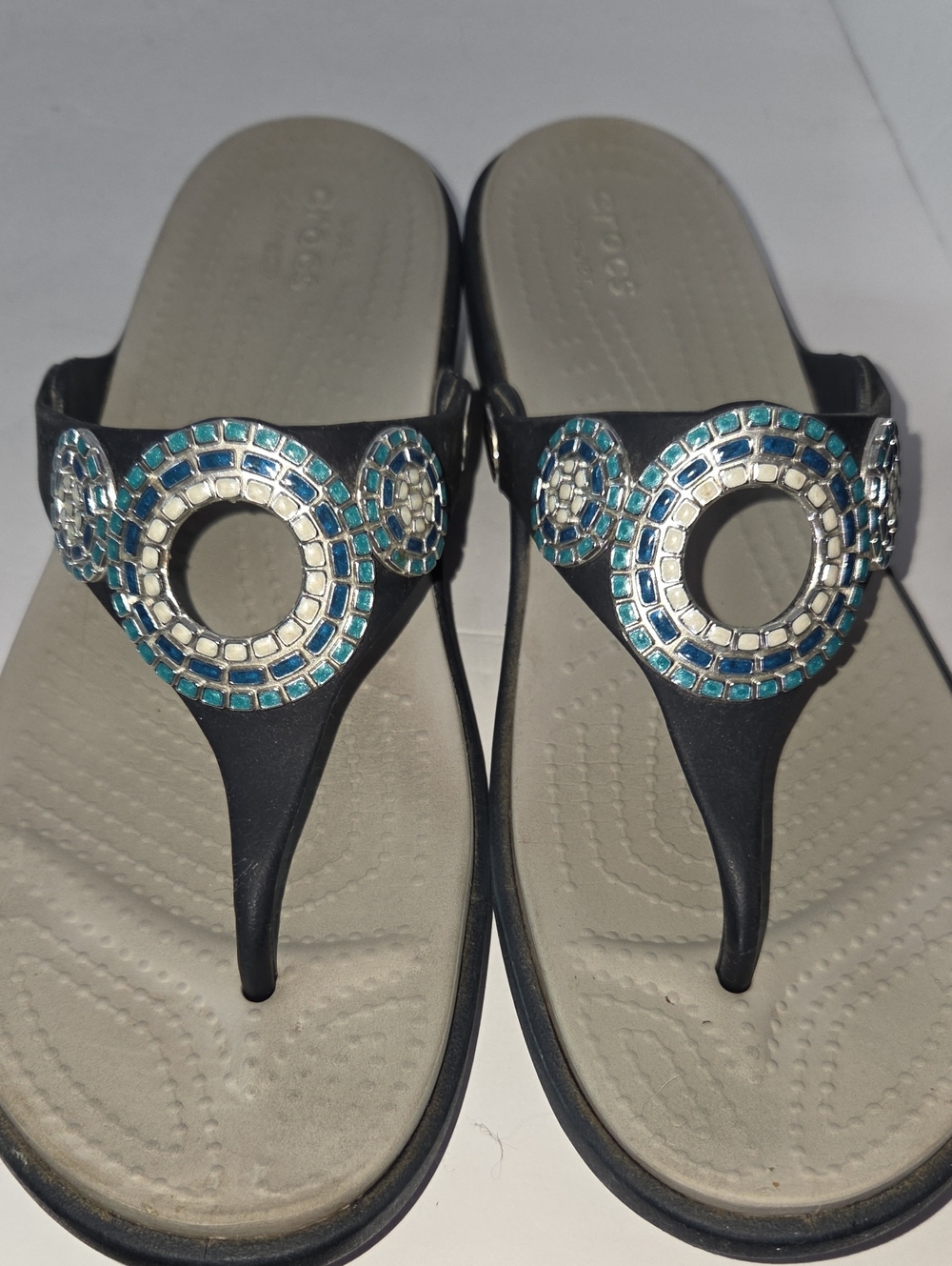 Crocs Black Thong Sandals with Silver & Teal Embellishment Size 9W Womens